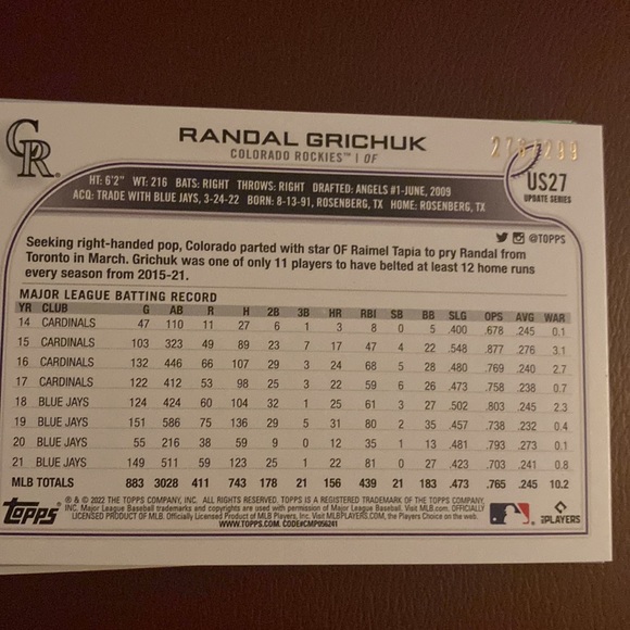 2022 Topps Orange Randal grichuk Parallel 276 out of 299 - Picture 2 of 3